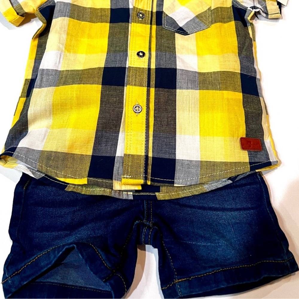 Yellow Plaid Kids Shirt & Jean shorts set by 7 For mankind new with tags - Picture 6 of 13